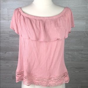 Blouse Off Shoulder Dusty Rose Crepe Top Lace